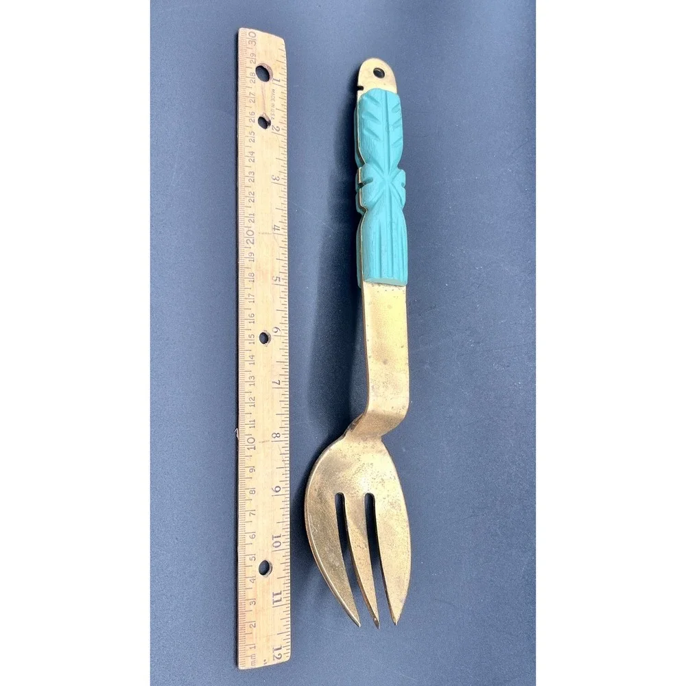 Vtg‎ Lg Hammered Brass Wood Serving Fork Smaller 2-Prong Fork Spoon Handcrafted